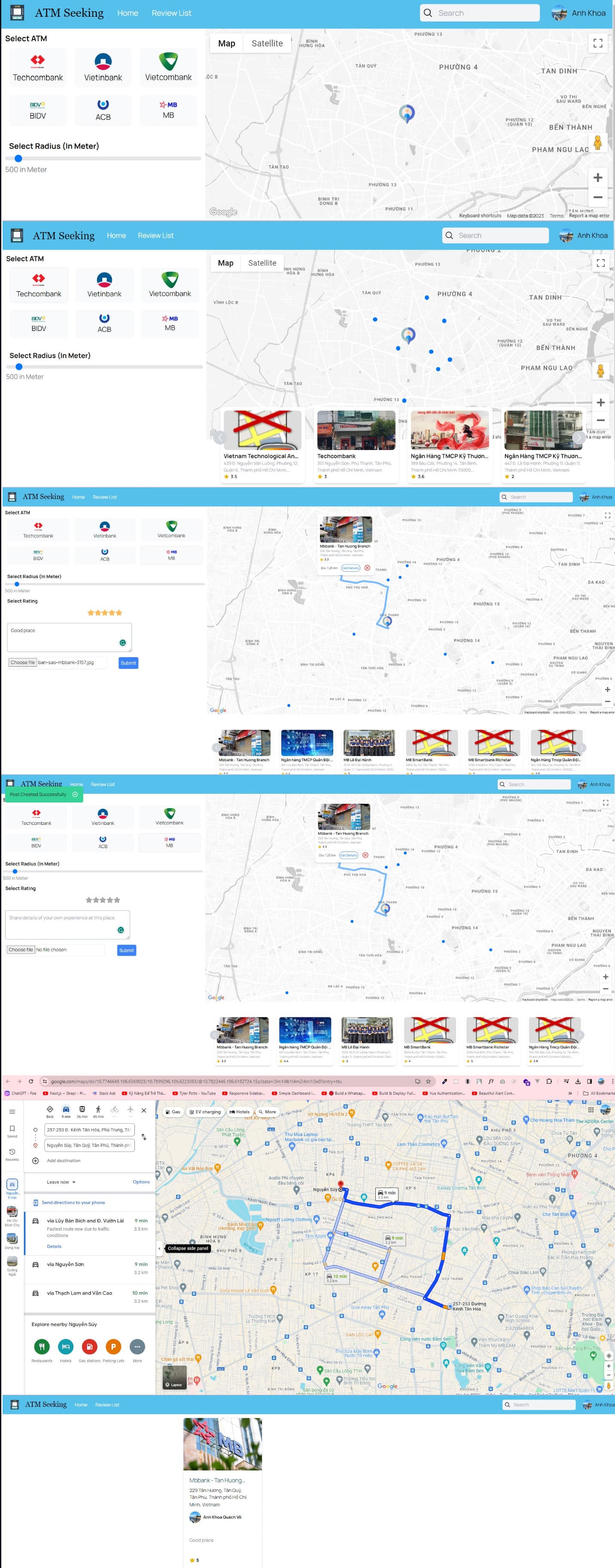 ATM Seeking interface showing the map, nearby ATMs, filters, and reviews